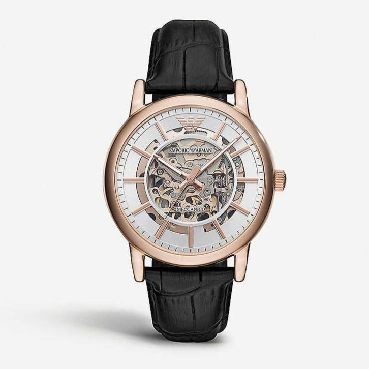  Shop Authentic Emporio Armani Luigi Skeleton Silver Dial Black Leather Strap Watch For Men - AR60007 - Luxxuri