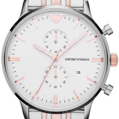  Shop Authentic Emporio Armani Chronograph White Dial Two Tone Steel Strap Watch For Men - AR0399 - Luxxuri