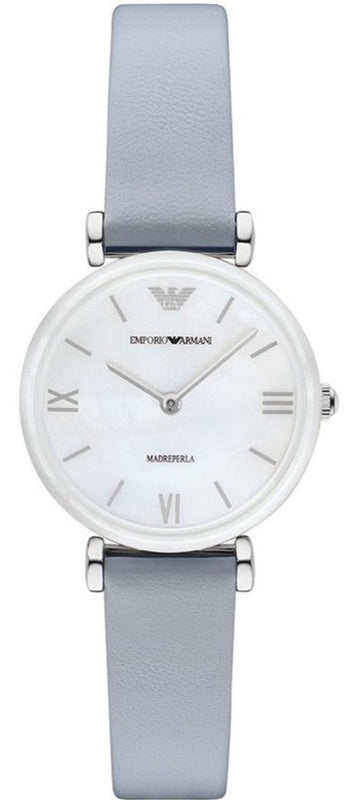  Shop Authentic Emporio Armani Gianni T-Bar Mother Of Pearl White Dial Grey Leather Strap Watch For Women - AR11039 - Luxxuri