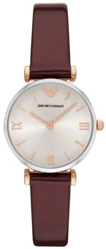  Shop Authentic Emporio Armani Gianni T-Bar Quartz Silver Dial Brown Leather Strap Watch For Women - AR11061 - Luxxuri