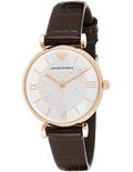 Emporio Armani Gianni T-Bar Silver Dial Brown Leather Strap Watch For Women - AR11269