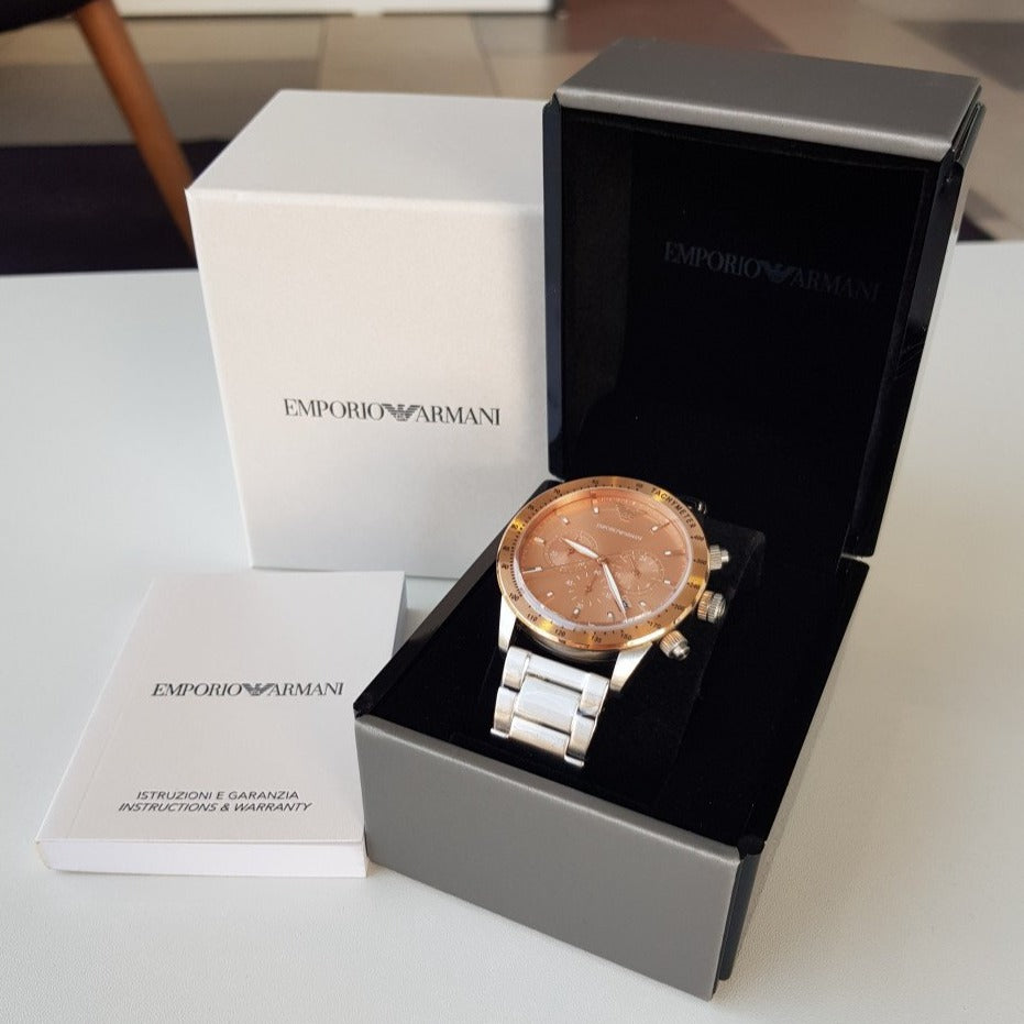  Shop Authentic Emporio Armani Mario Chronograph Beige Dial Silver Steel Strap Watch For Men - AR11352 - Luxxuri