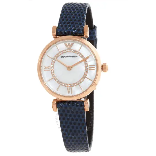  Shop Authentic Emporio Armani Gianni T-Bar Analog Mother of Pearl Dial Blue Leather Strap Watch For Women - AR11468 - Luxxuri