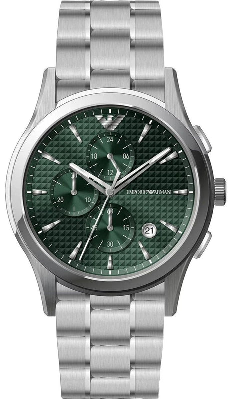  Shop Authentic Emporio Armani Paolo Chronograph Green Dial Silver Steel Strap Watch For Men - AR11529 - Luxxuri