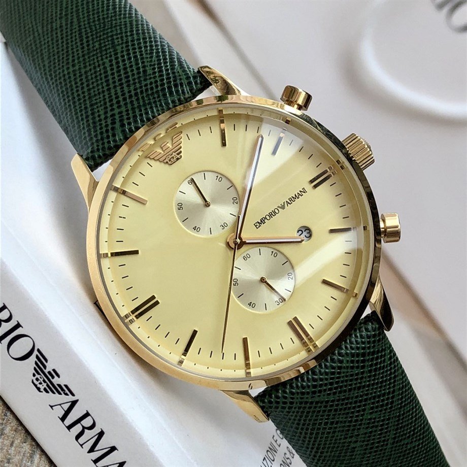  Shop Authentic Emporio Armani Chronograph Champagne Dial Green Leather Strap Watch For Men - AR1722 - Luxxuri