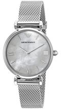 Emporio Armani Gianni T Bar Mother of Pearl Dial Silver Steel Strap Watch For Women - AR1955