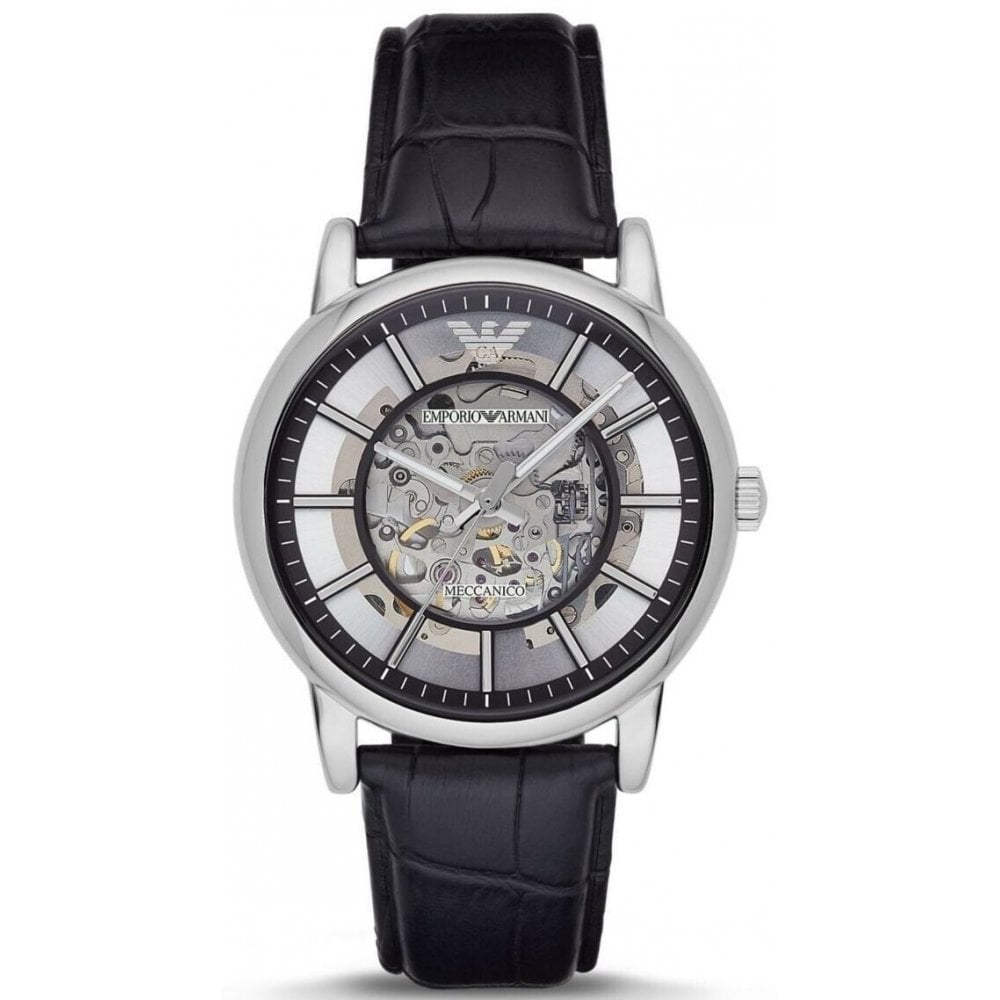  Shop Authentic Emporio Armani Luigi Silver Skeleton Dial Black Leather Strap Watch For Men - AR1981 - Luxxuri