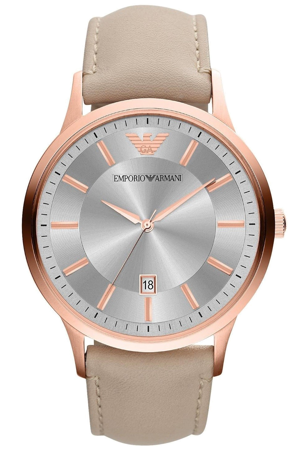Emporio Armani Classic Quartz Silver Dial Beige Leather Strap Watch For Men - AR2464
