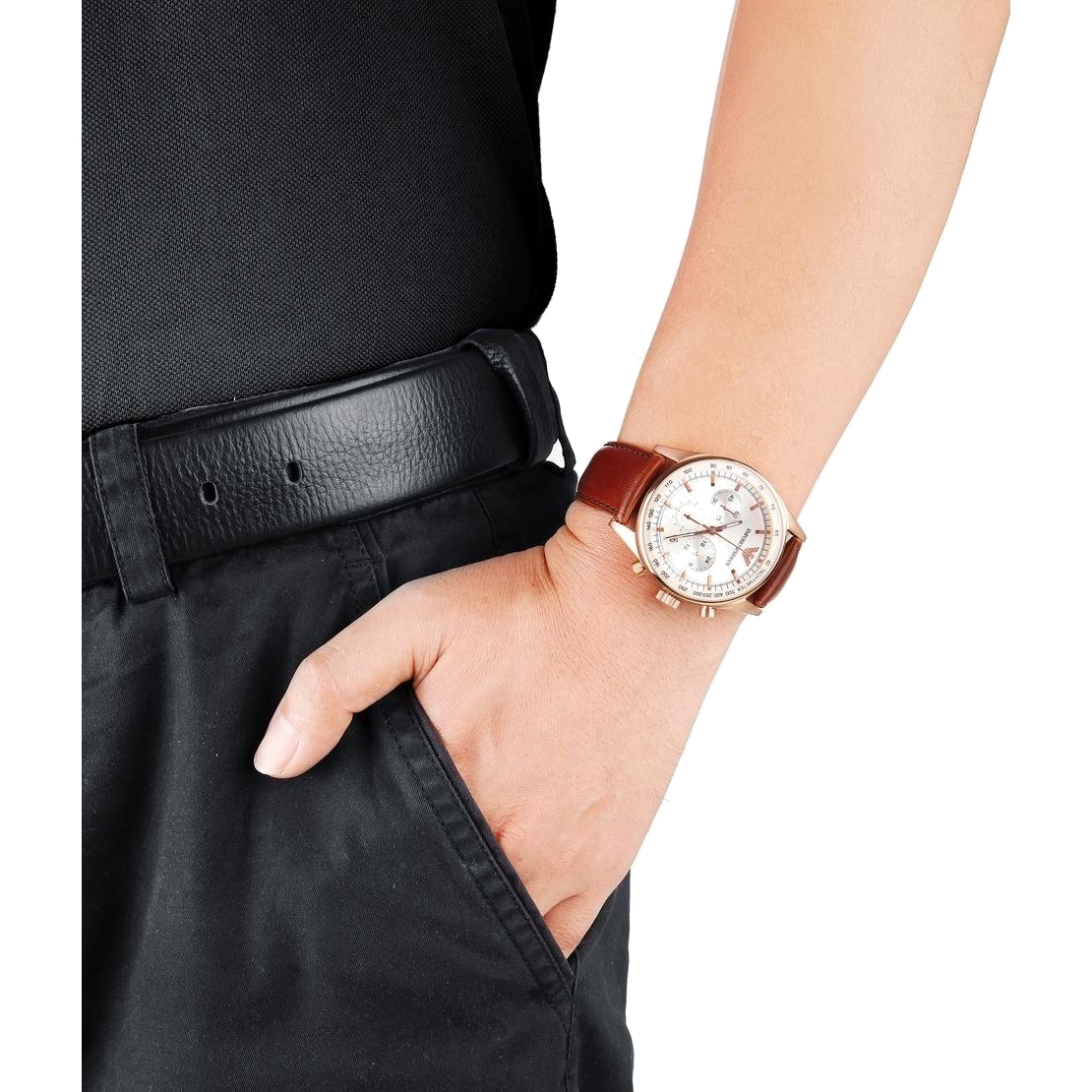 Emporio Armani Sportivo Chronograph White Dial Brown Leather Strap Watch For Men - AR5996