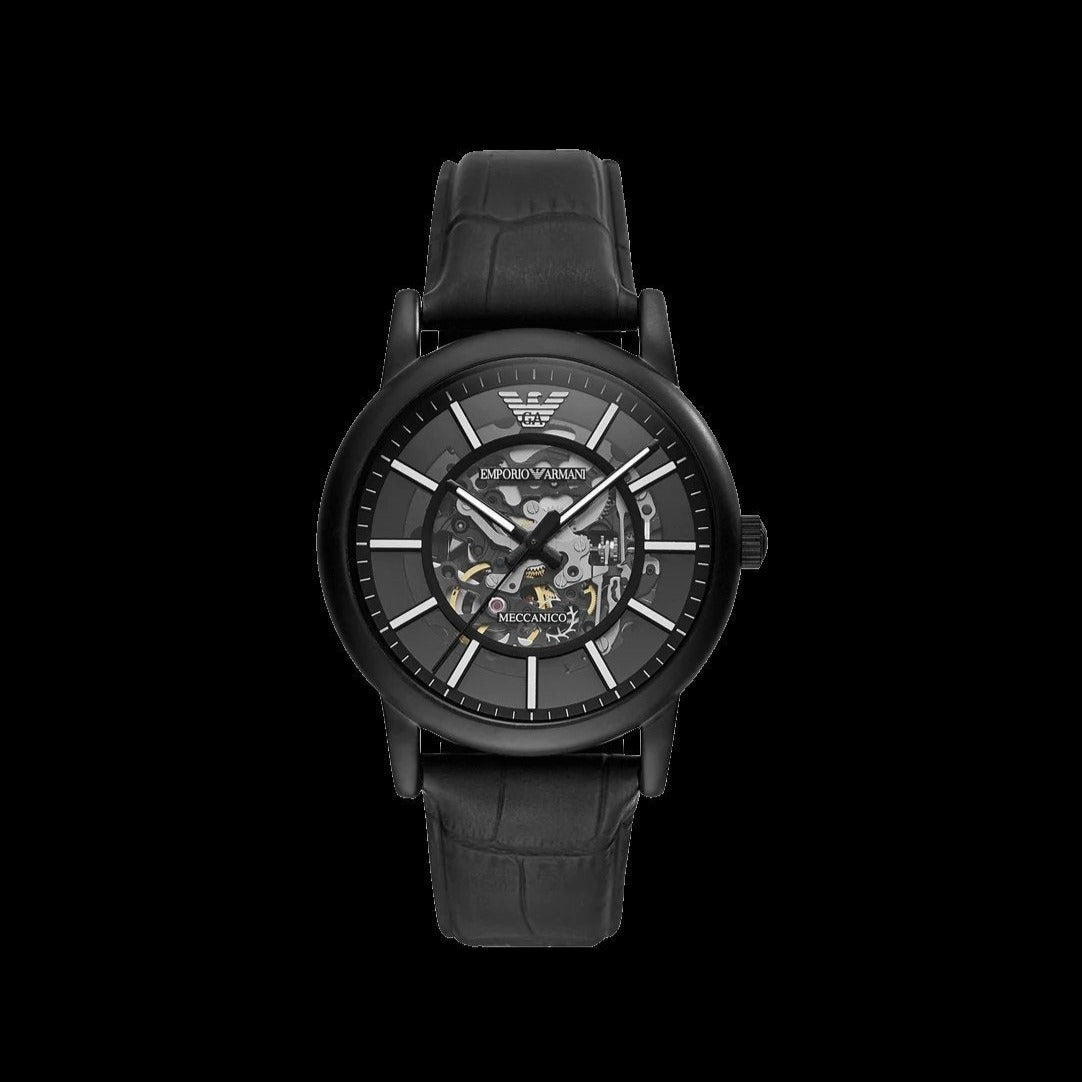  Shop Authentic Emporio Armani Meccanico Automatic Skeleton Dial Black Leather Strap Watch For Men - AR60008 - Luxxuri