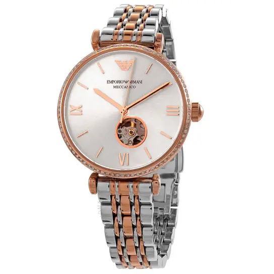 Emporio Armani Gianni T-Bar Analog White Dial Two Tone Steel Strap Watch For Women - AR60019