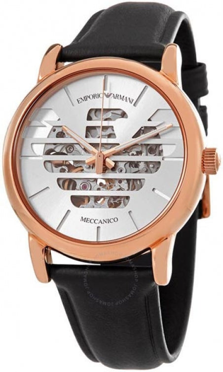  Shop Authentic Emporio Armani Meccanico Skeleton Silver Dial Black Leather Strap Watch For Men - AR60031 - Luxxuri