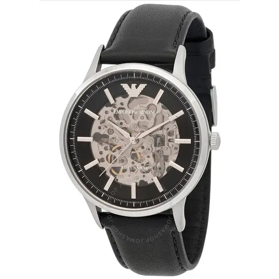  Shop Authentic Emporio Armani Meccanico Skeleton Automatic Black Dial Black Leather Strap Watch for Men - AR60038 - Luxxuri