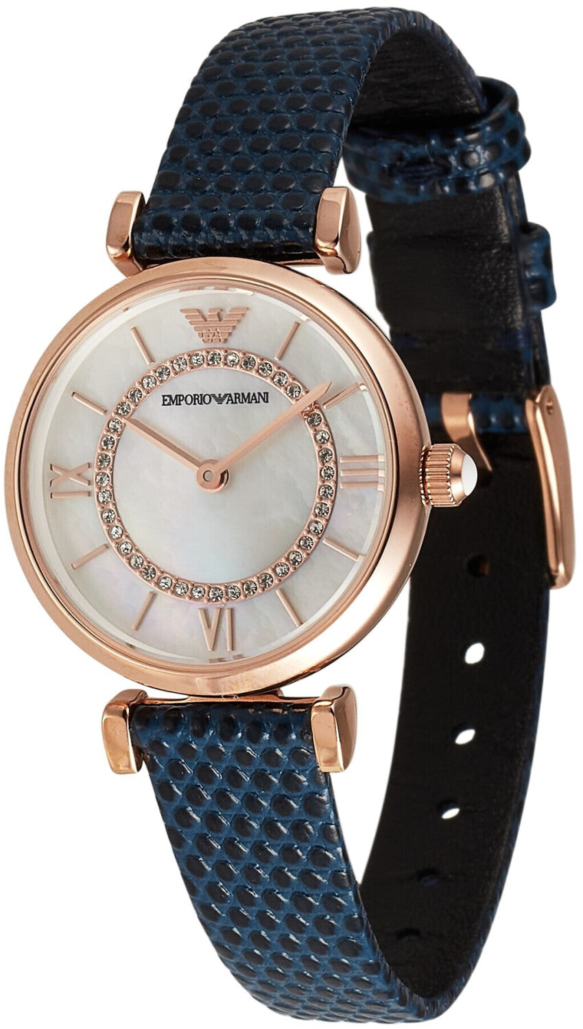  Shop Authentic Emporio Armani Gianni T-Bar Analog Mother of Pearl Dial Blue Leather Strap Watch For Women - AR11468 - Luxxuri