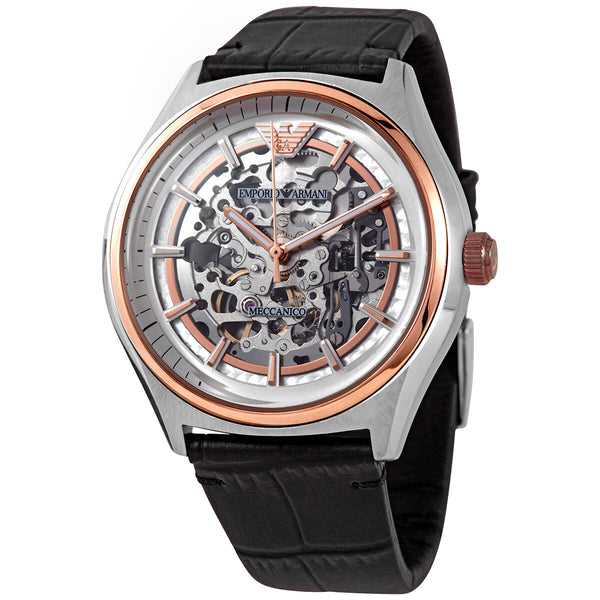  Shop Authentic Emporio Armani Zeta Skeleton Automatic Silver Dial Black Leather Strap Watch For Men - AR60018 - Luxxuri