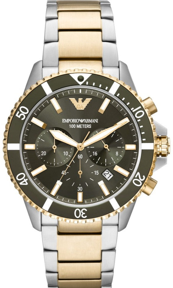  Shop Authentic Emporio Armani Diver Chronograph Green Dial Two Tone Steel Strap Watch For Men - AR11361 - Luxxuri
