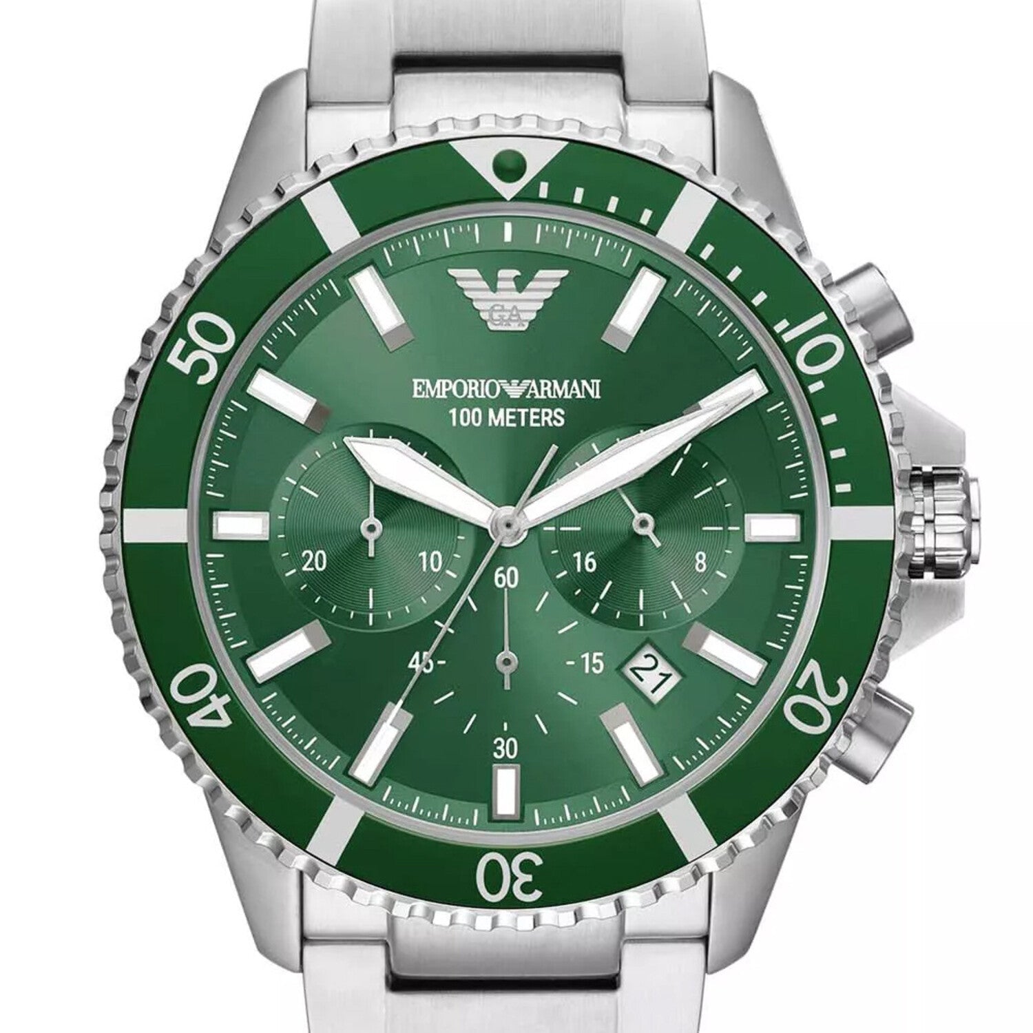  Shop Authentic Emporio Armani Diver Chronograph Green Dial Silver Steel Strap Watch For Men - AR11500 - Luxxuri