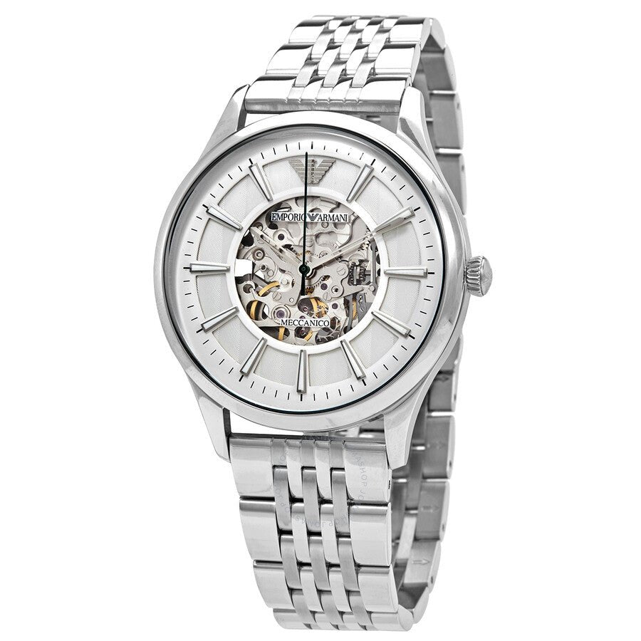  Shop Authentic Emporio Armani Meccanico Skeleton Silver Dial Silver Steel Strap Watch For Men - AR1945 - Luxxuri