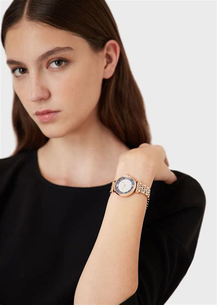  Shop Authentic Emporio Armani Gianni T-Bar Quartz Crystals Black Dial Gold Steel Strap Watch For Women - AR11423 - Luxxuri