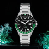  Shop Authentic Emporio Armani Sea Explorer GMT Quartz Black Dial Silver Steel Strap Watch For Men - AR11589 - Luxxuri