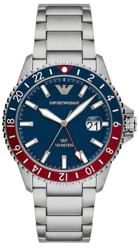  Shop Authentic Emporio Armani Sea Explorer GMT Blue Dial Silver Steel Strap Watch For Men - AR11590 - Luxxuri