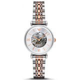  Shop Authentic Emporio Armani Gianni T Bar Silver Skeleton Dial Two Tone Strap Watch For Women - AR1992 - Luxxuri