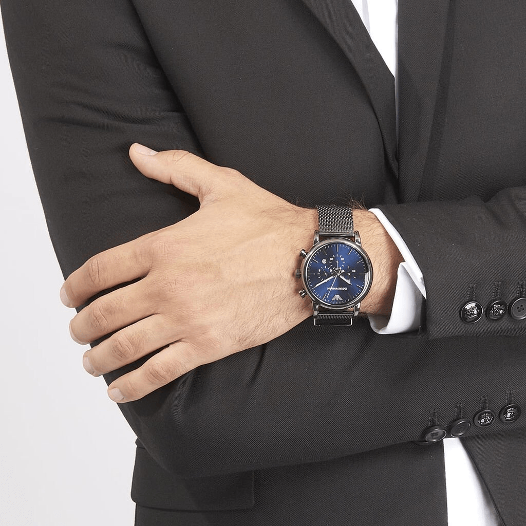  Shop Authentic Emporio Armani Chronograph Blue Dial Gun Metallic Mesh Bracelet Watch For Men - AR1979 - Luxxuri
