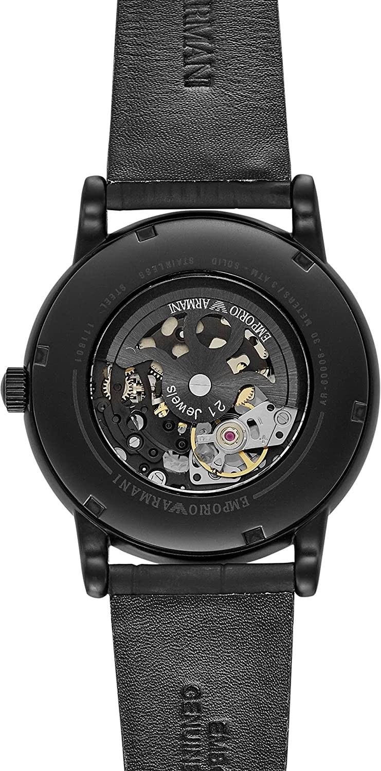 Emporio Armani Meccanico Automatic Skeleton Dial Black Leather Strap Watch For Men - AR60008