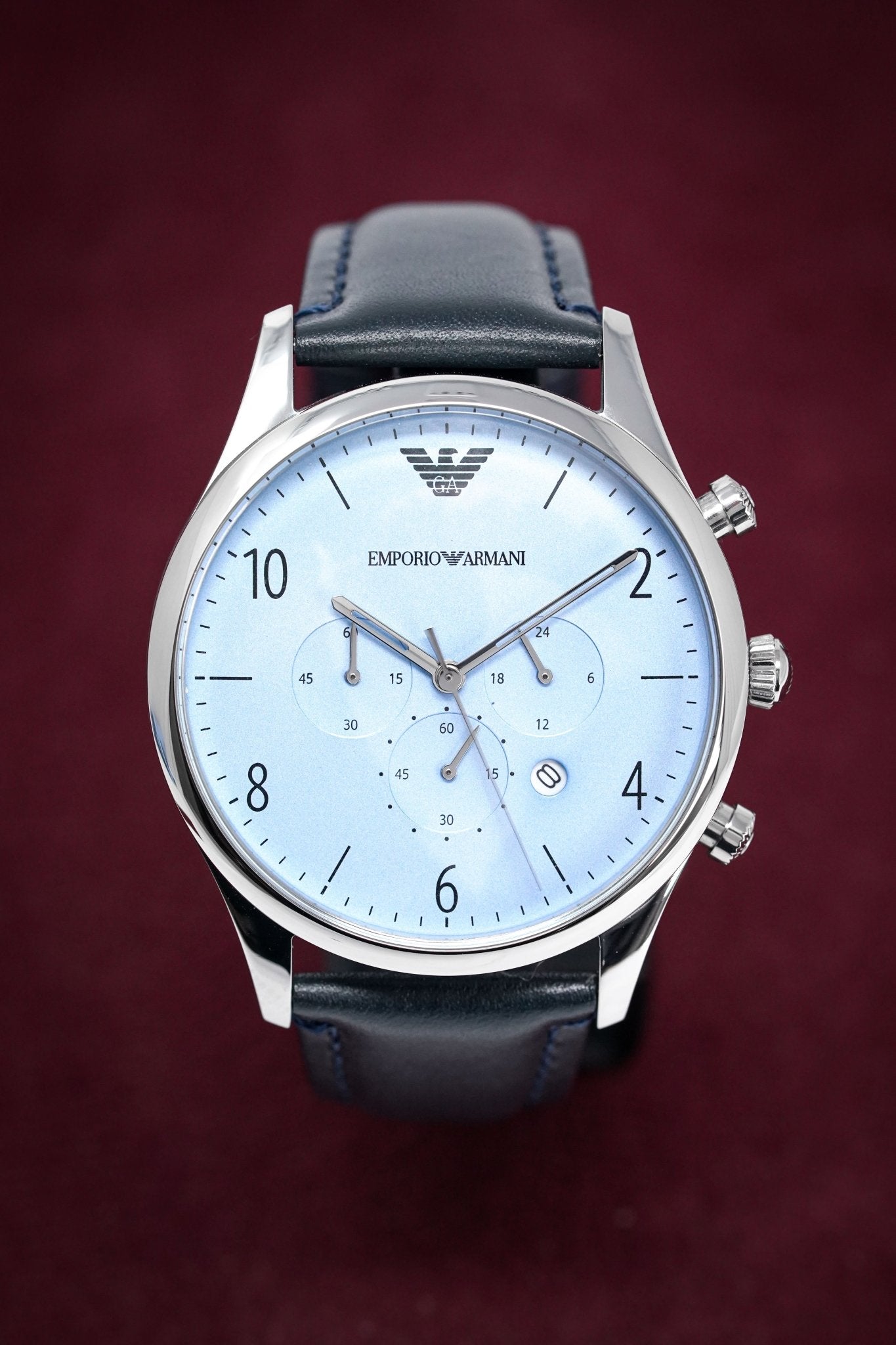  Shop Authentic Emporio Armani Chronograph Blue Dial Blue Leather Strap Watch For Men - AR1889 - Luxxuri