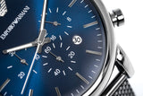  Shop Authentic Emporio Armani Chronograph Blue Dial Gun Metallic Mesh Bracelet Watch For Men - AR1979 - Luxxuri