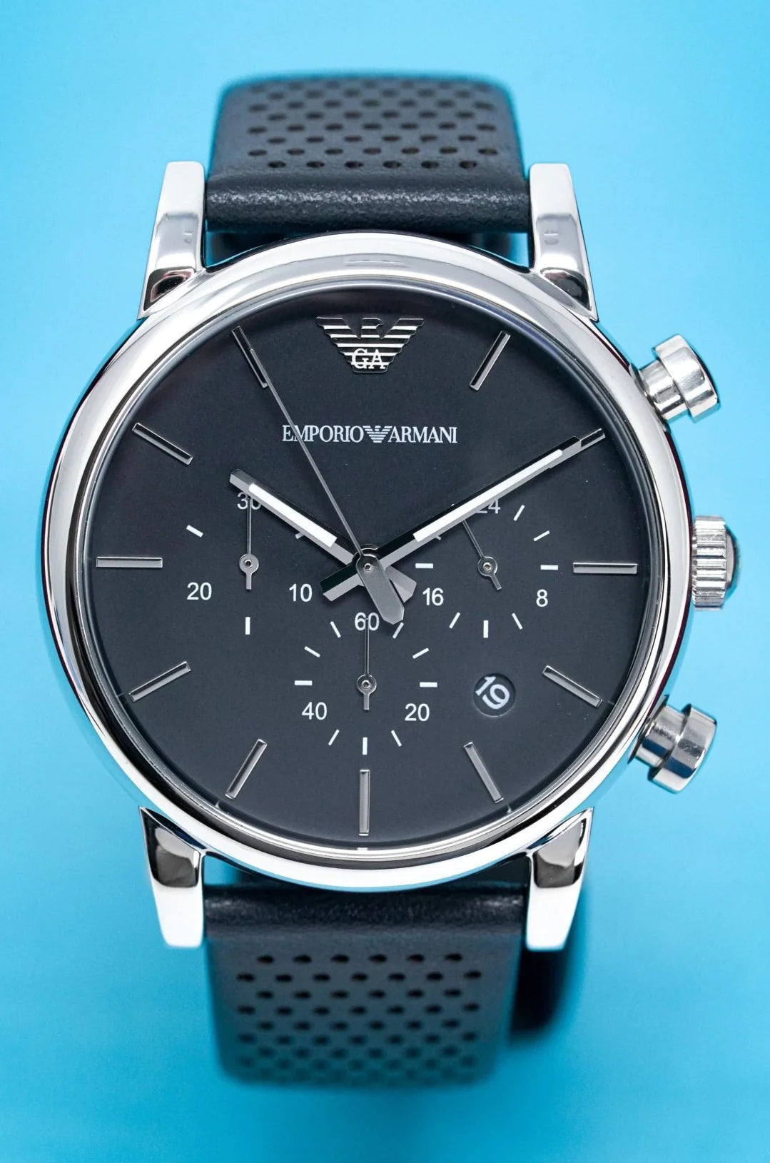  Shop Authentic Emporio Armani Luigi Chronograph Blue Dial Black Leather Strap Watch For Men - AR1736 - Luxxuri