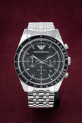  Shop Authentic Emporio Armani Tazio Chronograph Black Dial Silver Steel Strap Watch For Men - AR5988 - Luxxuri