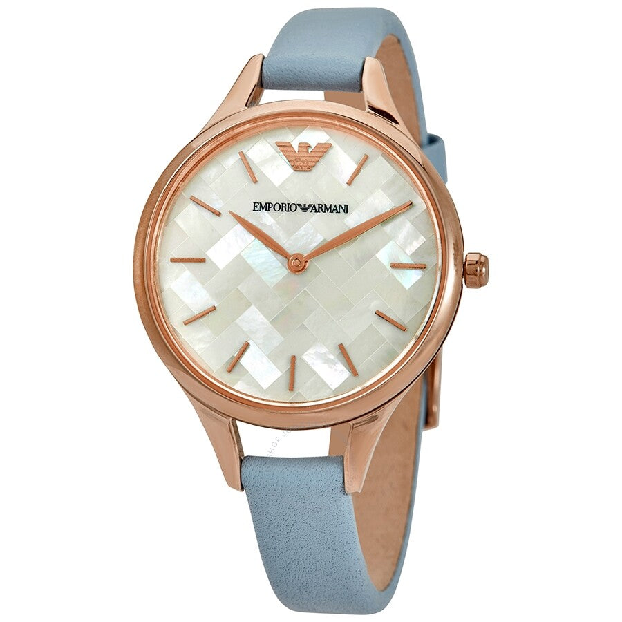  Shop Authentic Emporio Armani Aurora Quartz Mother of Pearl White Dial Blue Leather Strap Watch For Women - AR11109 - Luxxuri