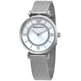  Shop Authentic Emporio Armani Gianni T-Bar Quartz Mother of Pearl Dial Silver Mesh Bracelet Watch For Women - AR11319 - Luxxuri