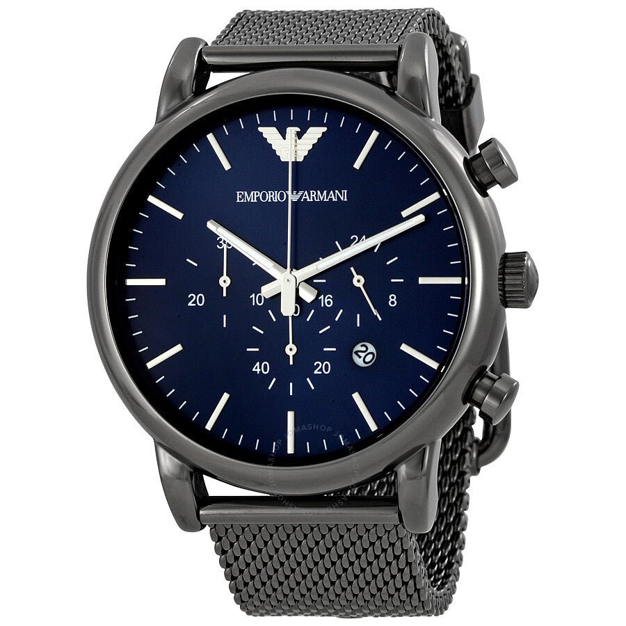  Shop Authentic Emporio Armani Chronograph Blue Dial Gun Metallic Mesh Bracelet Watch For Men - AR1979 - Luxxuri
