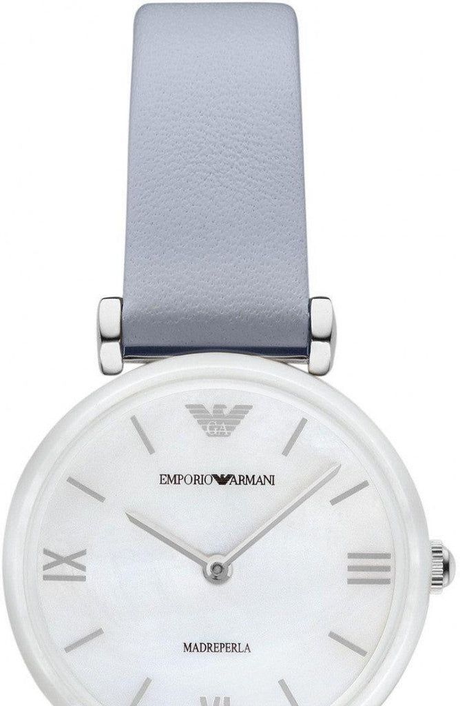  Shop Authentic Emporio Armani Gianni T-Bar Mother Of Pearl White Dial Grey Leather Strap Watch For Women - AR11039 - Luxxuri