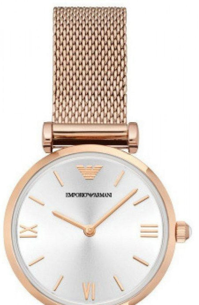  Shop Authentic Emporio Armani Gianni T Bar Silver Dial Rose Gold Mesh Bracelet Watch For Women - AR1956 - Luxxuri
