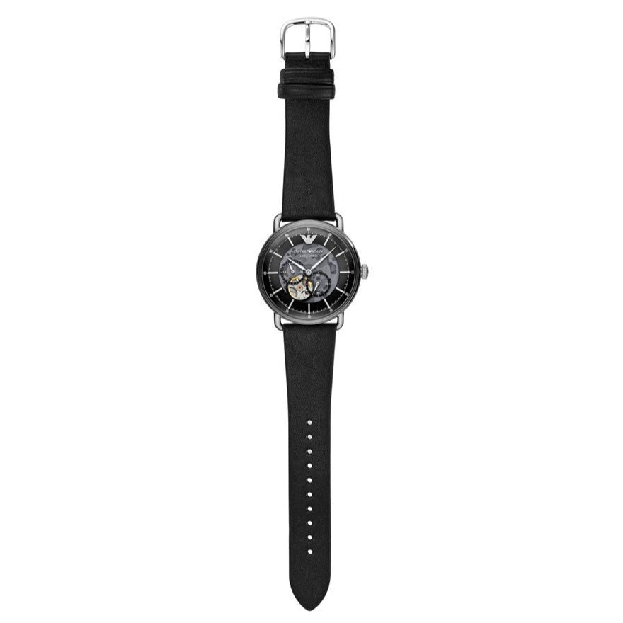  Shop Authentic Emporio Armani Meccanico Skeleton Black Dial Black Leather Strap Watch For Men - AR60026 - Luxxuri