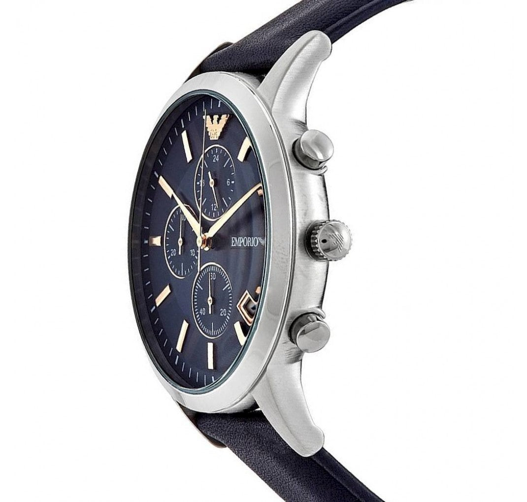  Shop Authentic Emporio Armani Renato Chronograph Blue Dial Black Leather Strap Watch For Men - AR11216 - Luxxuri