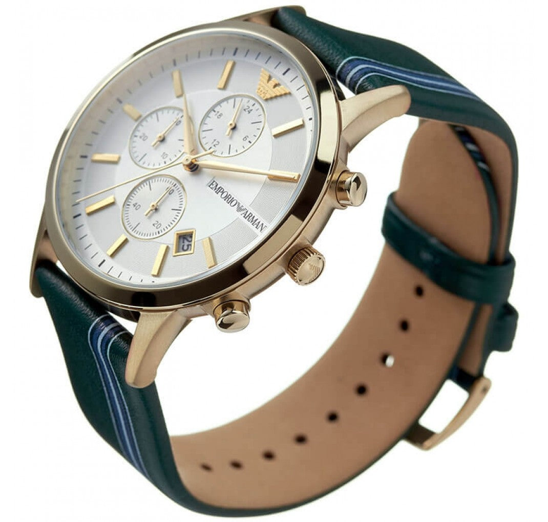  Shop Authentic Emporio Armani Renato Chronograph Silver Dial Green Leather Strap Watch For Men - AR11233 - Luxxuri