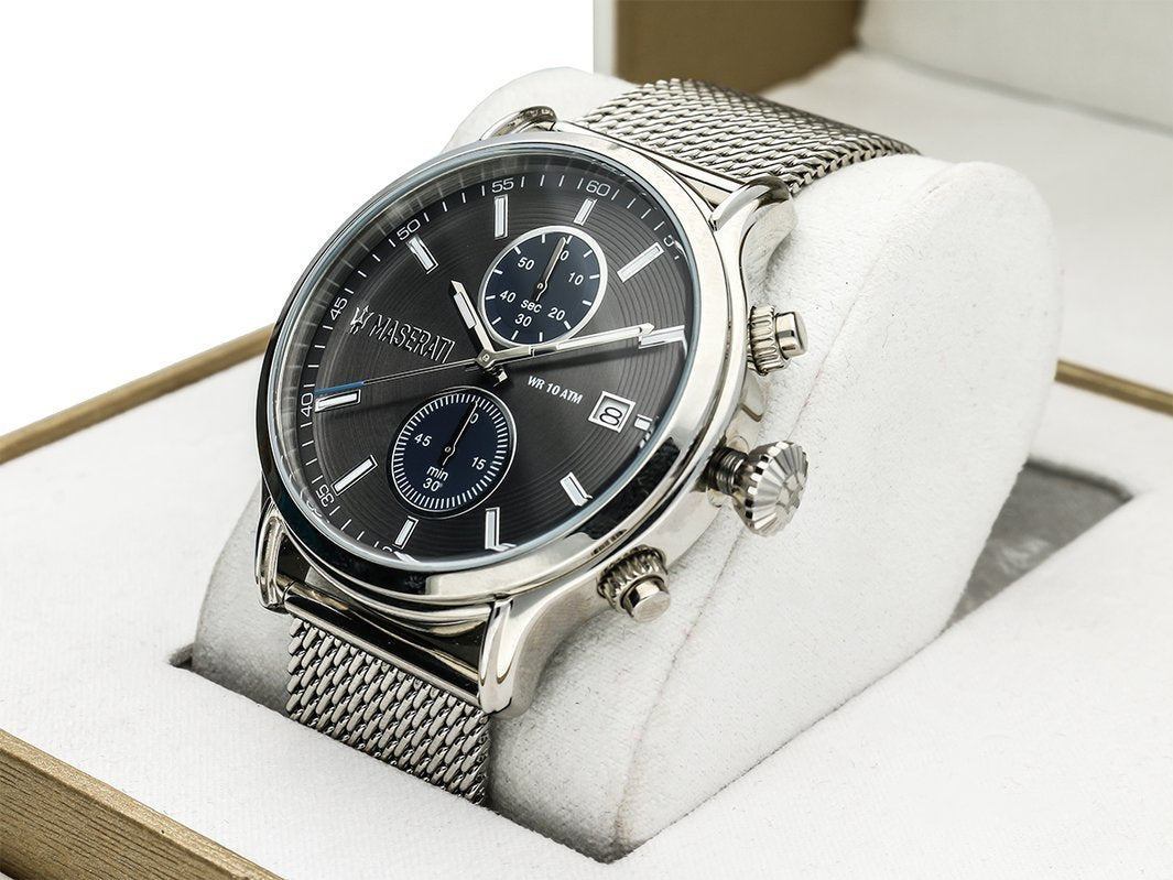  Shop Authentic Maserati Epoca 42mm Black Dial Steel Silver Mesh Bracelet Watch For Men - R8873618003 - Luxxuri