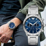  Shop Authentic Emporio Armani Mario Chronograph Blue Dial Silver Steel Strap Watch For Men - AR11306 - Luxxuri