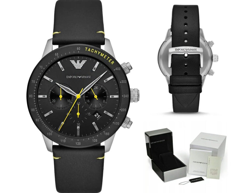  Shop Authentic Emporio Armani Mario Chronograph Black Dial Black Leather Strap Watch For Men - AR11325 - Luxxuri