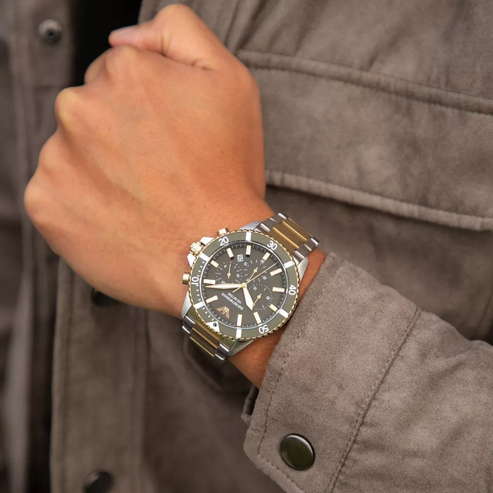  Shop Authentic Emporio Armani Diver Chronograph Green Dial Two Tone Steel Strap Watch For Men - AR11361 - Luxxuri