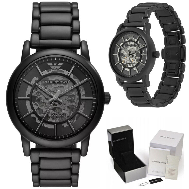  Shop Authentic Emporio Armani Meccanico Skeleton Black Dial Black Steel Strap Watch For Men - AR60045 - Luxxuri