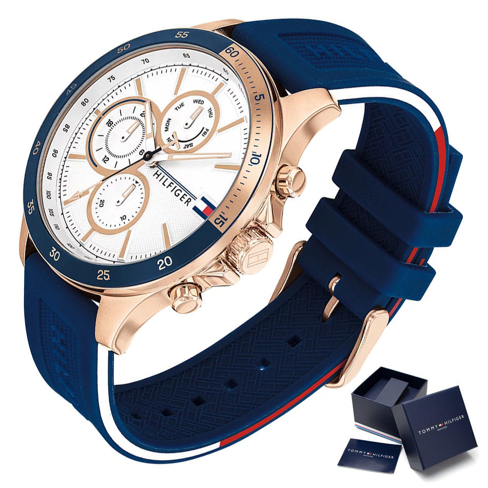  Shop Authentic Tommy Hilfiger Bank Multifunction Quartz White Dial Blue Rubber Strap Watch for Men - 1791778 - Luxxuri