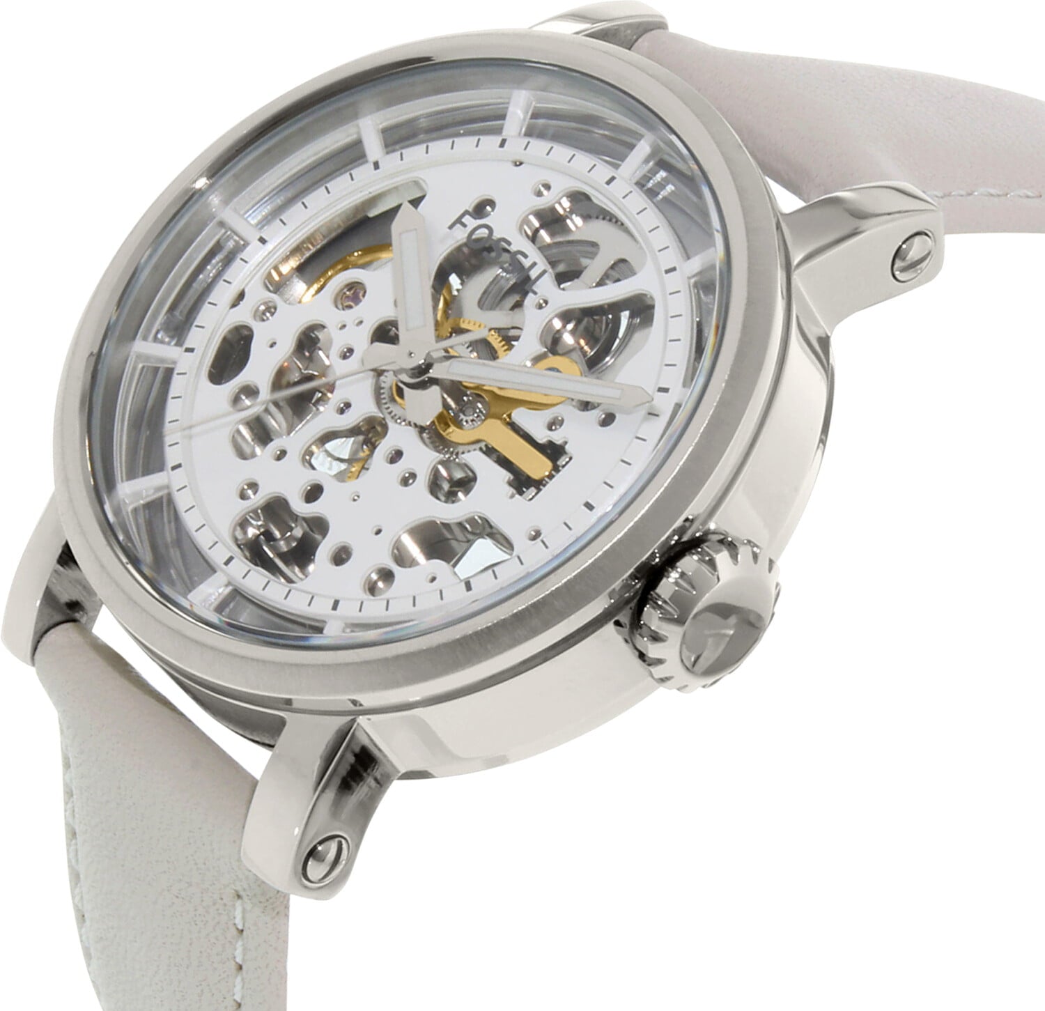  Shop Authentic Fossil Boyfriend Automatic Skeleton Silver Dial White Leather Strap Watch for Women - ME3069 - Luxxuri