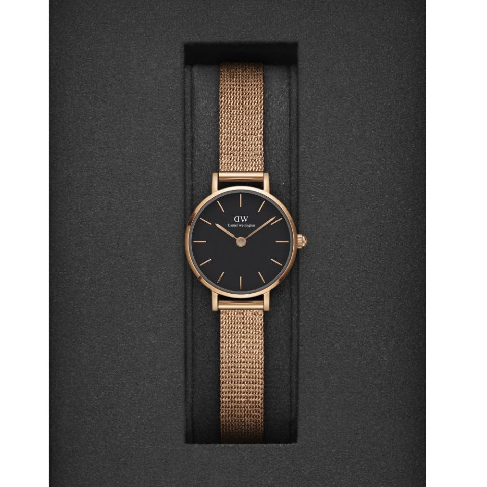  Shop Authentic Daniel Wellington Petite Pressed Melrose Black Dial Rose Gold Mesh Strap Watch For Women - DW00100440 - Luxxuri