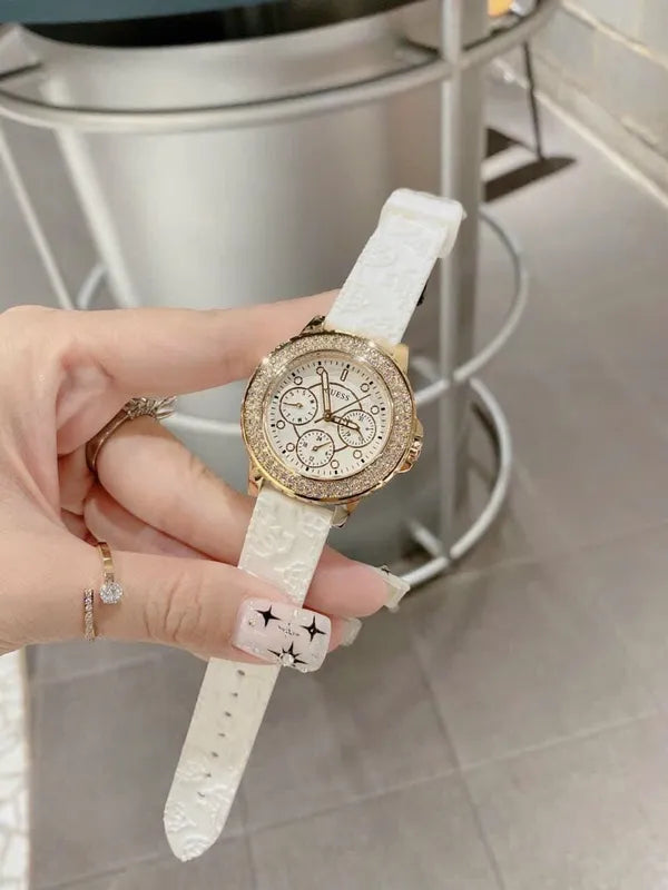  Shop Authentic Guess Crown Jewel Multifunction Diamonds White Dial White Leather Strap Watch for Women - GW0411L1 - Luxxuri