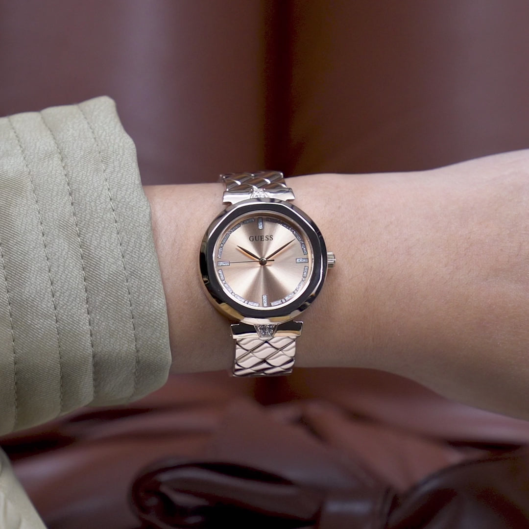  Shop Authentic Guess Rumour Quartz Rose Gold Dial Rose Gold Steel Strap Watch For Women - GW0613L3 - Luxxuri